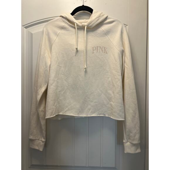 NWT Pink Women’s Pullover Comfy Cropped Hooded Drawstring Sweatshirt Sz M Cream‎ - Picture 1 of 5